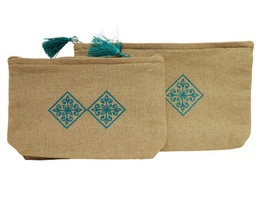 trousse maquillage brodee bleu turquoise lin les 2