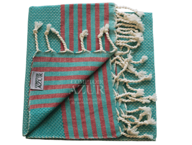 Fouta turquoise rayée rouge